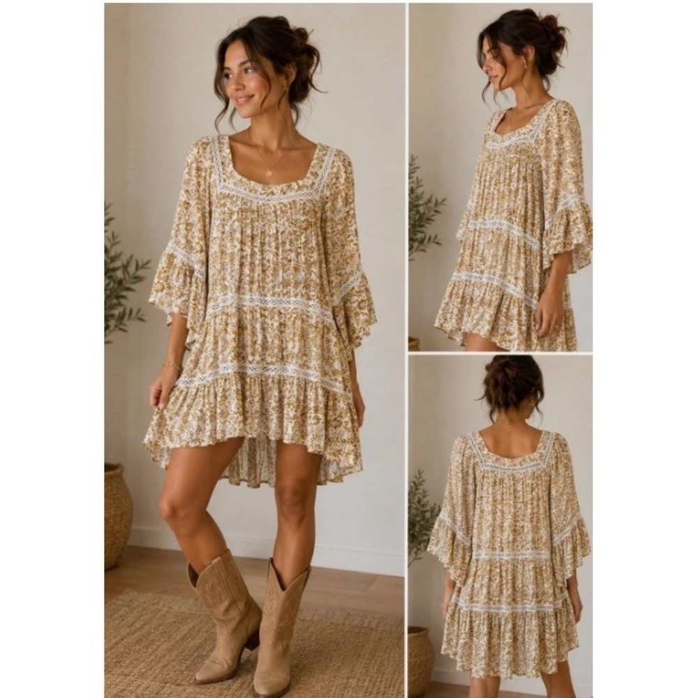 Free People Talk About It Tunic Medium Ivory & Mustard Floral Boho Festival